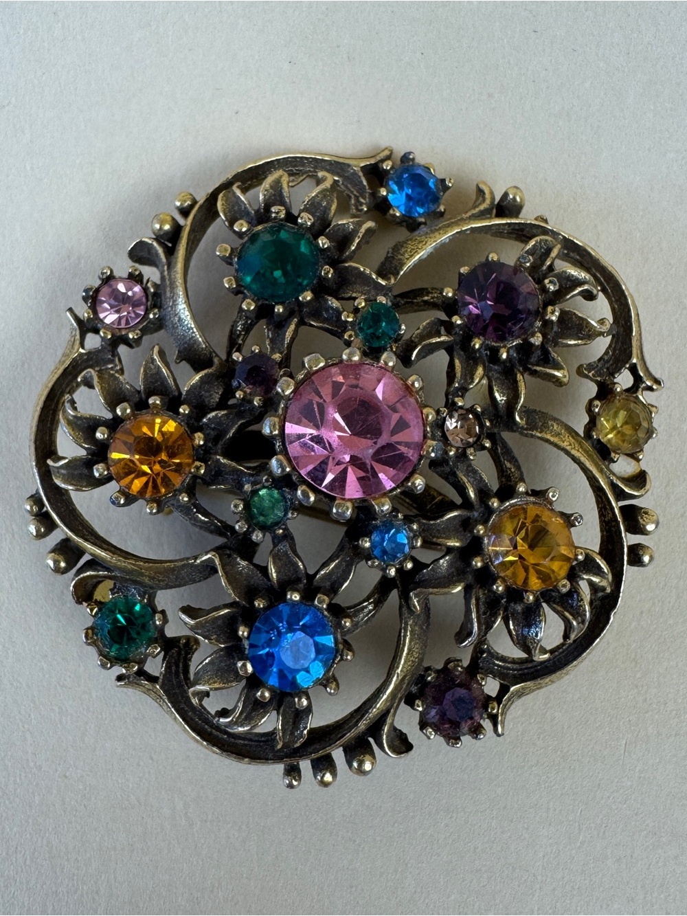 Vintage Signed CORO Brooch Pink Blue Rhinestone Floral Pin & Original Box 551/